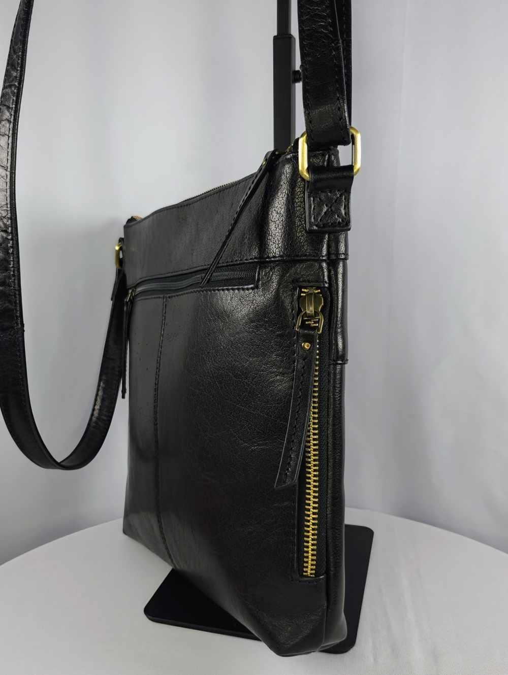 👜 Assots London Black Leather Crossbody Bag Multi Zip Pockets Classic Everyday - Picture 6 of 13